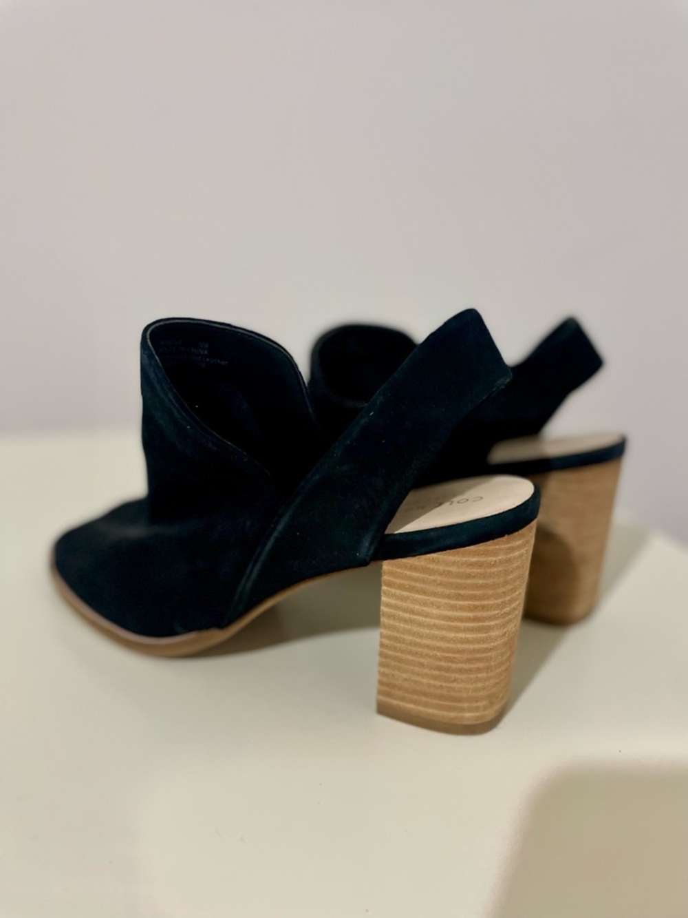Cole Haan Black Suede Slingback Block Heel Sandals